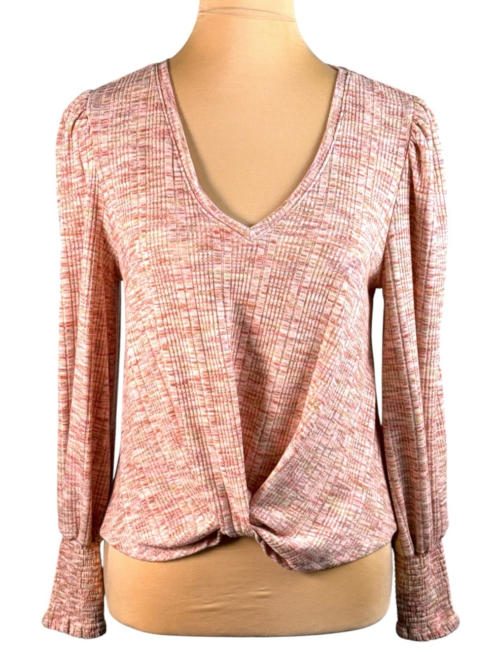 Democracy PS Petite Pink Peach Space Dye Ribbed Twist Front Puff Sleeve Top